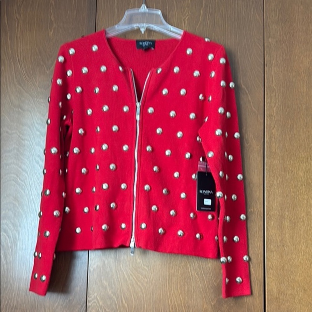 Rondina Red & Lg Silver Button Cardigan. Silver 2-Way Zipper NWT Sz Lg Ret $295